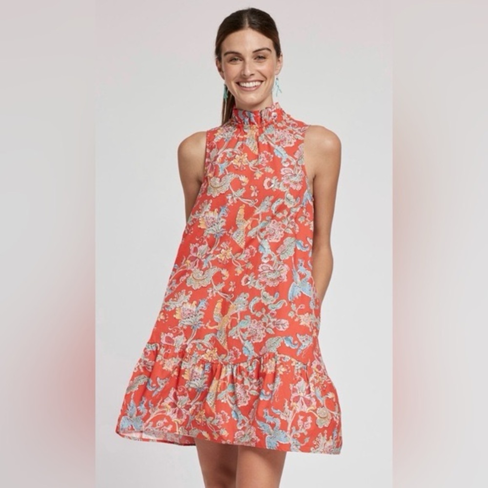 Tyler Boe Ruffle Neck Red Printed Dress Size XS